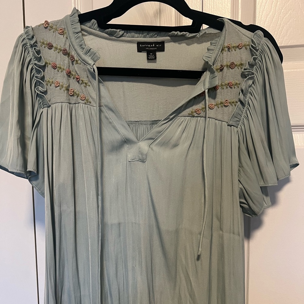Current Air Green Flutter Sleeve Top with rose embroidered pattern
